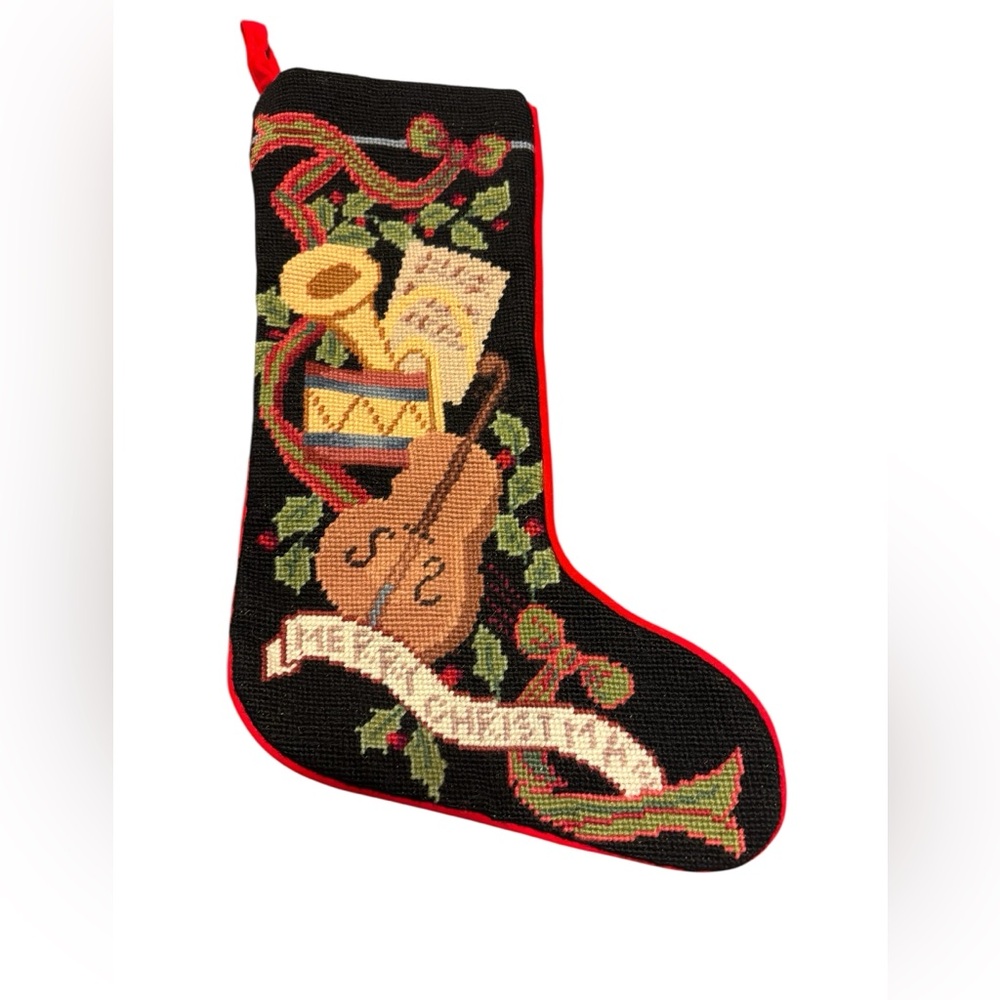 VTG Needlepoint Christmas Stocking Music Theme Velvet Back Imperial Elegance.